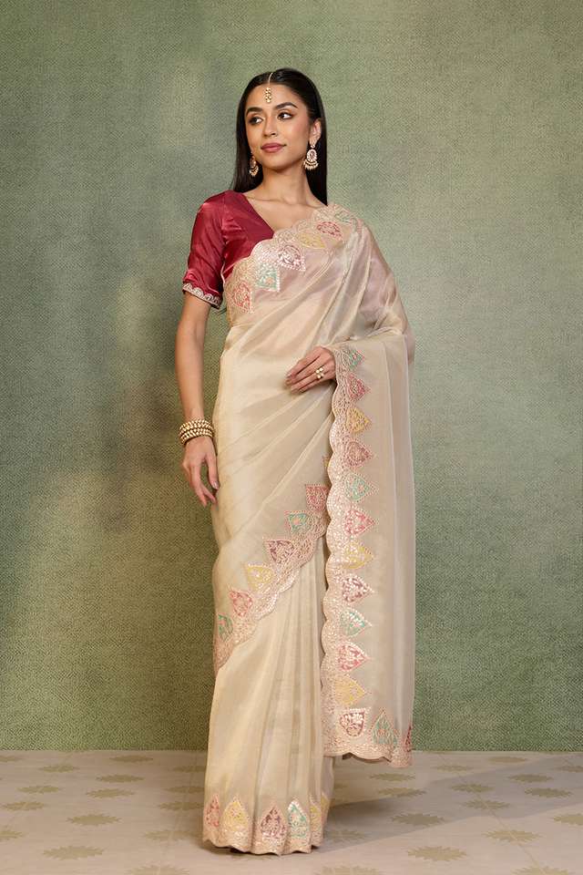Off White Gota Patti Emroidery Viscose Tissue Saree thumbnail image number null