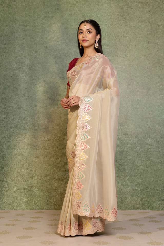 Off White Gota Patti Emroidery Viscose Tissue Saree thumbnail image number null
