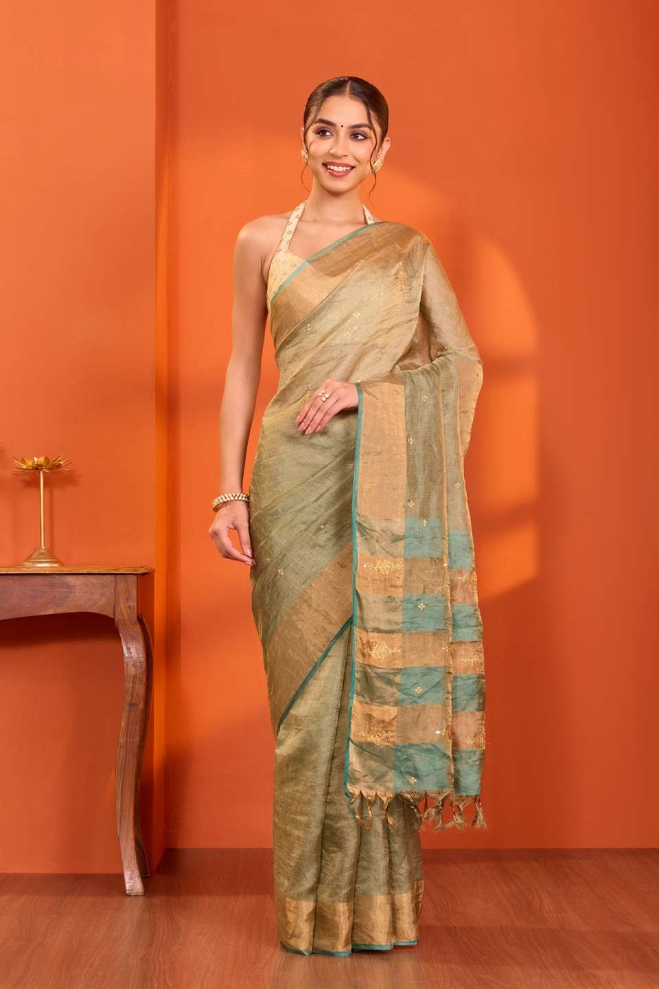 Green  Pure Silk Tissue Embroidered Saree