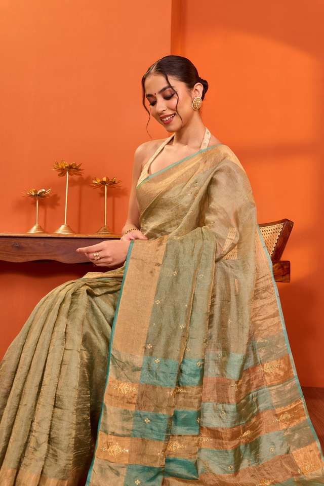 Green  Pure Silk Tissue Embroidered Saree thumbnail image number null