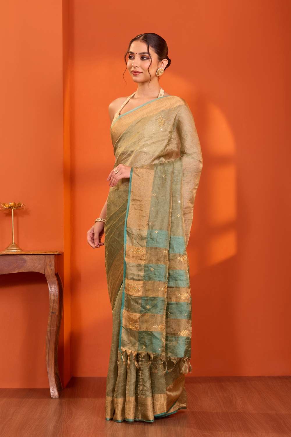 Green  Pure Silk Tissue Embroidered Saree image number null