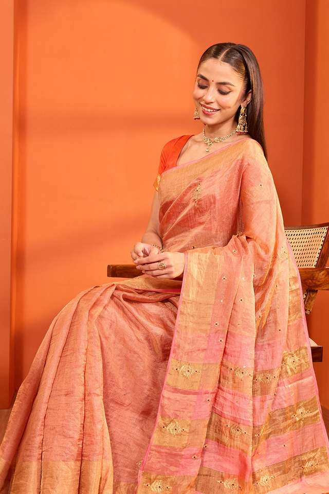 Light Pink  Pure Silk Tissue Embroidered Saree image number