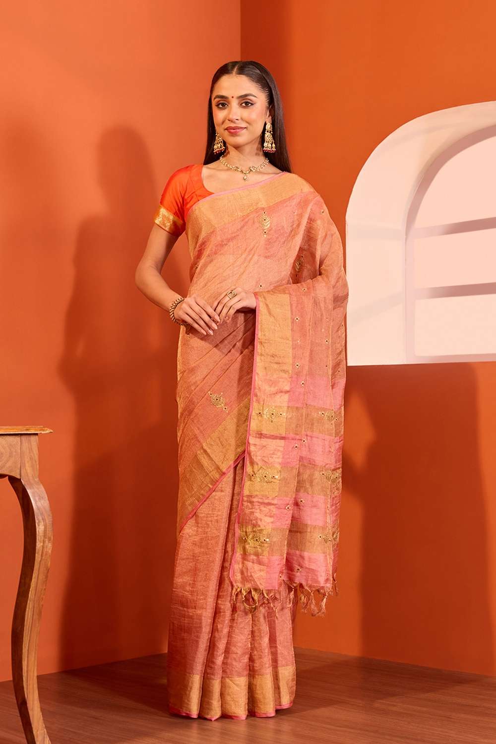 Light Pink  Pure Silk Tissue Embroidered Saree image number null