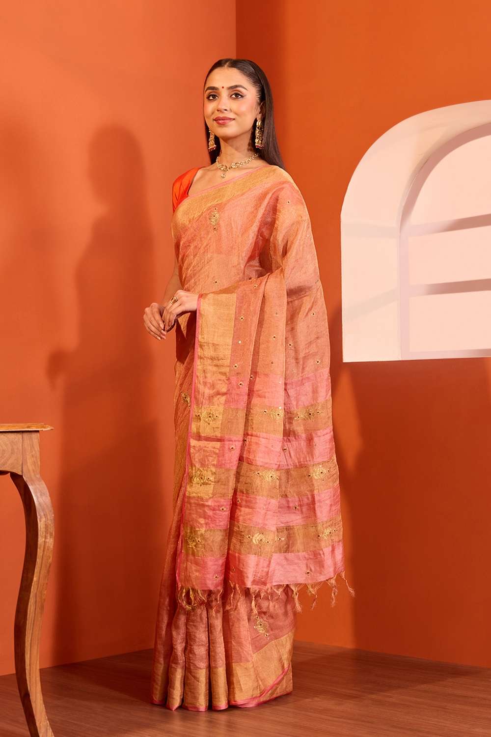 Light Pink  Pure Silk Tissue Embroidered Saree image number null