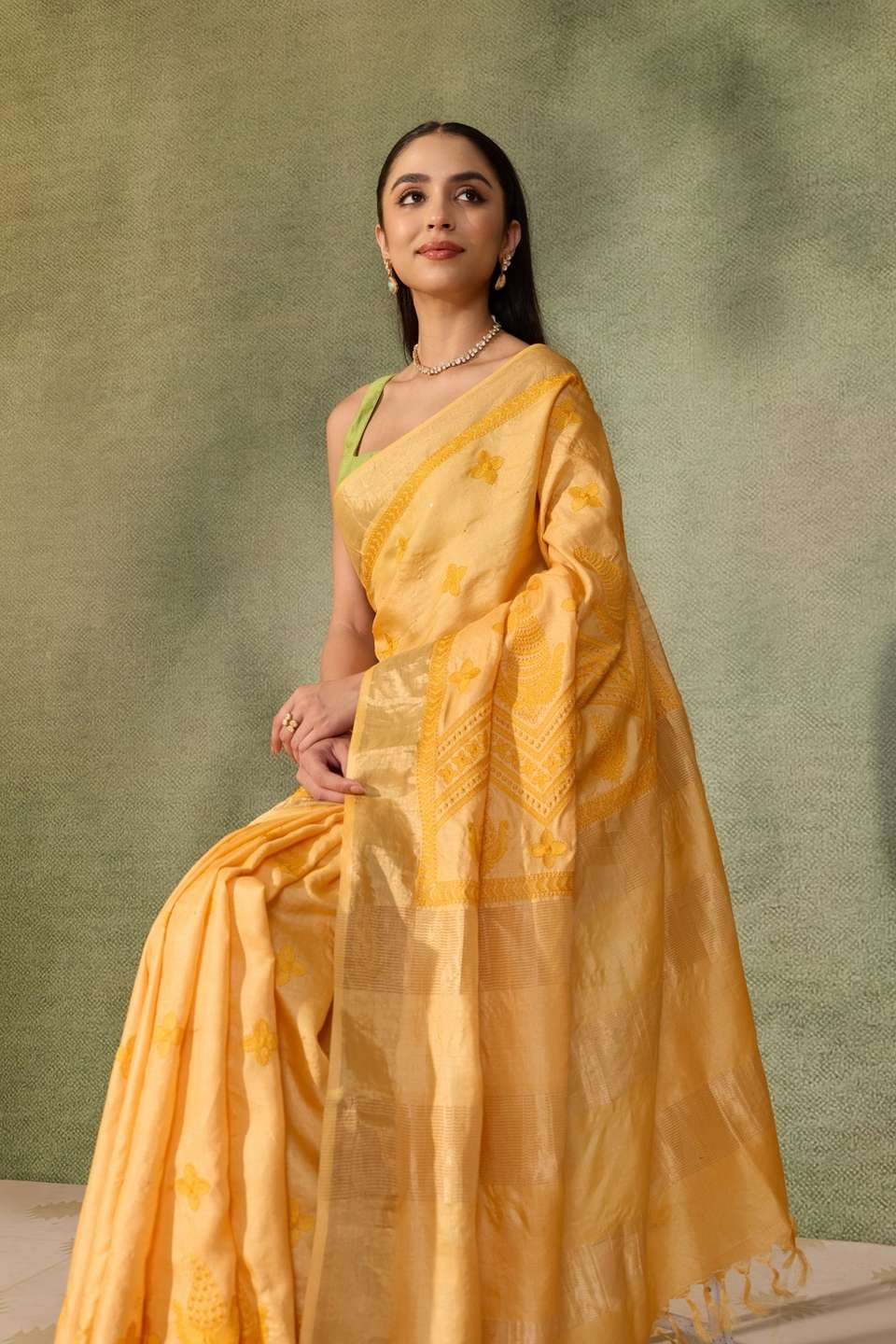 Yellow  Pure Tussar Silk Embroidered Saree