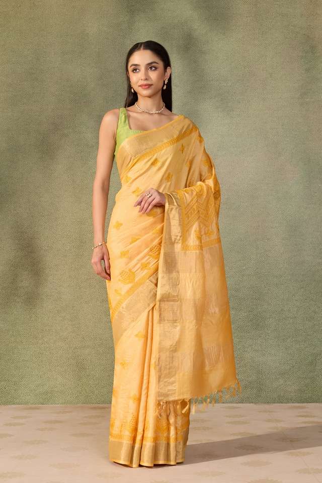 Yellow  Pure Tussar Silk Embroidered Saree thumbnail image number null