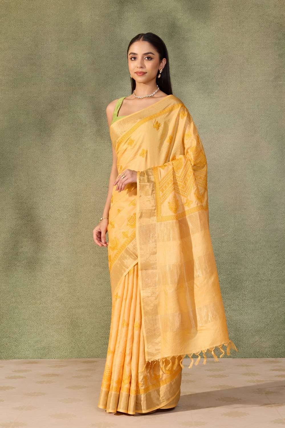 Yellow  Pure Tussar Silk Embroidered Saree image number null