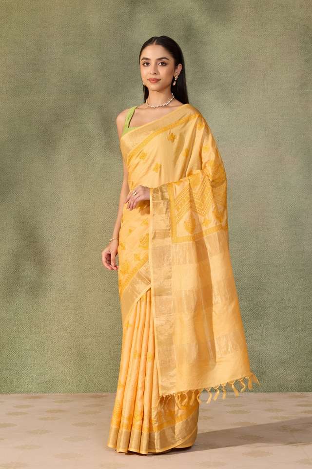 Yellow  Pure Tussar Silk Embroidered Saree thumbnail image number null