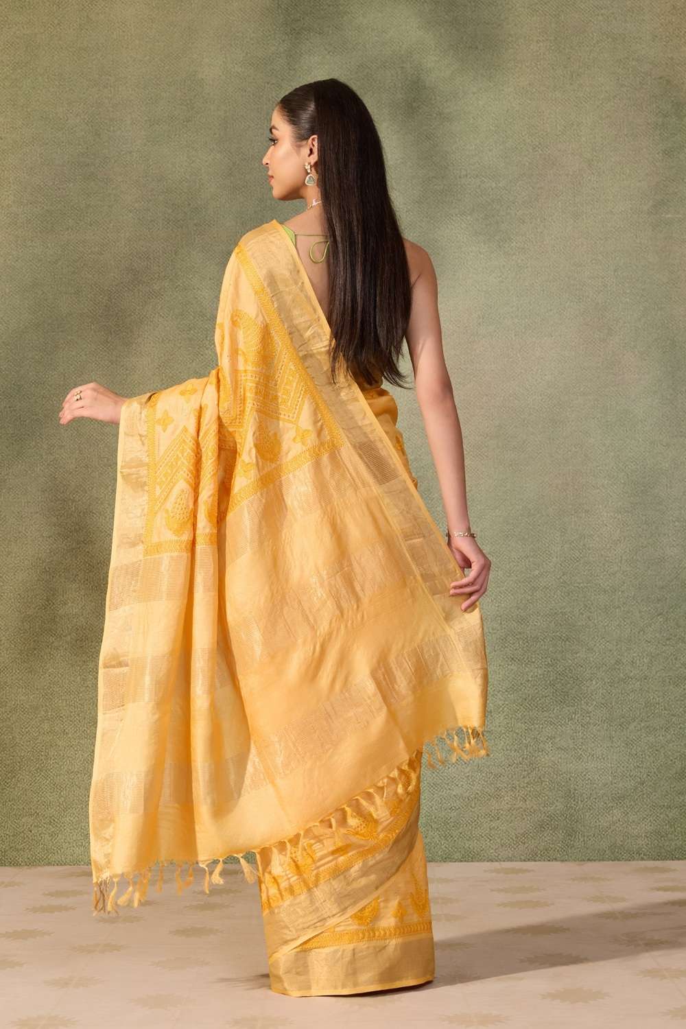 Yellow  Pure Tussar Silk Embroidered Saree image number null