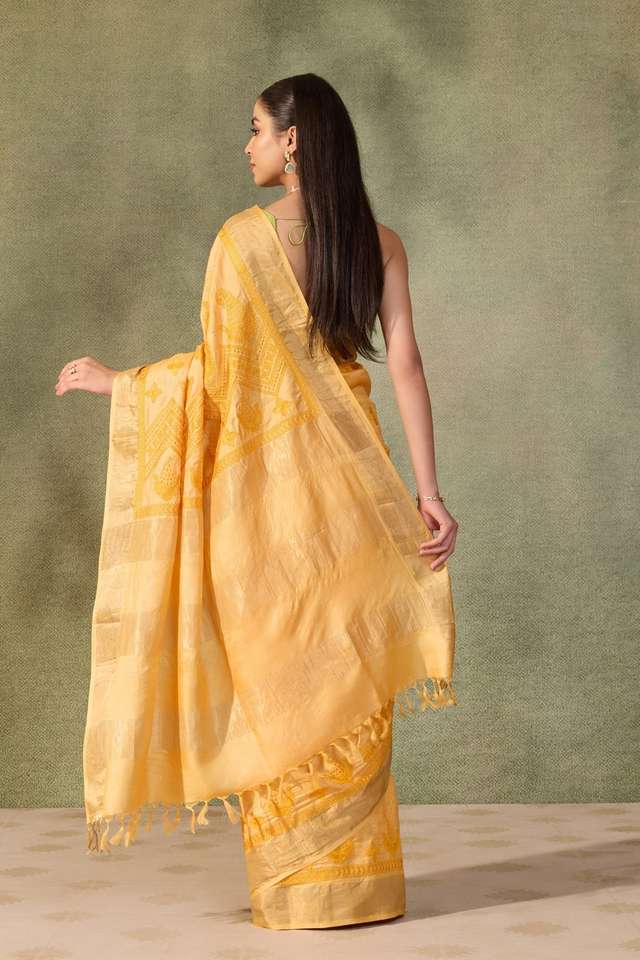 Yellow  Pure Tussar Silk Embroidered Saree thumbnail image number null