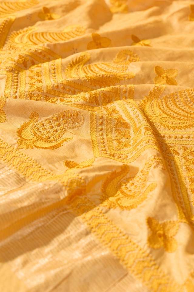 Yellow  Pure Tussar Silk Embroidered Saree thumbnail image number null