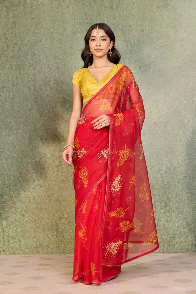 Red Pure Silk Organza Embroidered Saree image number