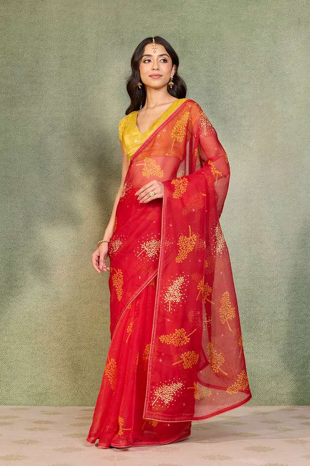 Red Pure Silk Organza Embroidered Saree thumbnail image number null