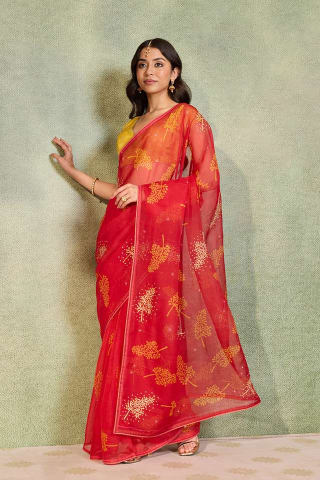 Red Pure Silk Organza Embroidered Saree thumbnail image number null