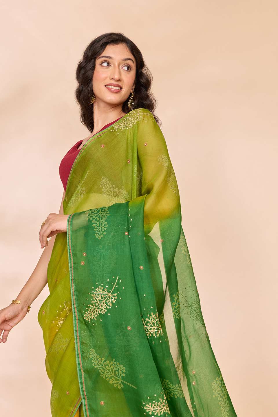 Green Pure Silk Organza Embroidered Saree