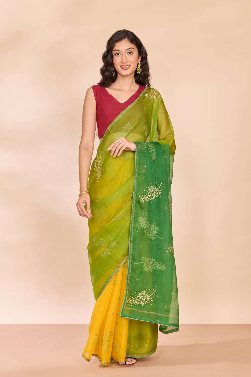 Green Pure Silk Organza Embroidered Saree image number null