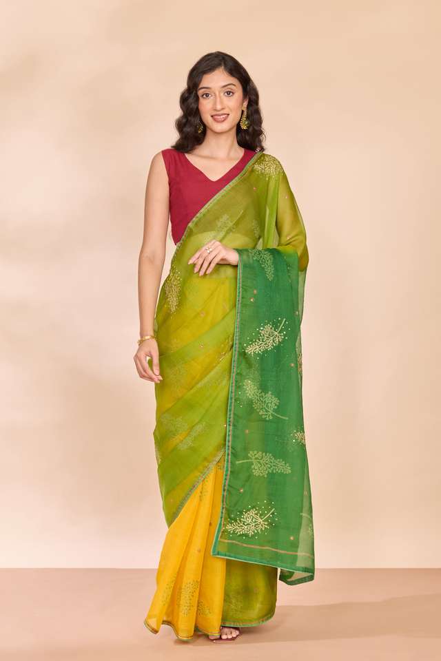 Green Pure Silk Organza Embroidered Saree thumbnail image number null