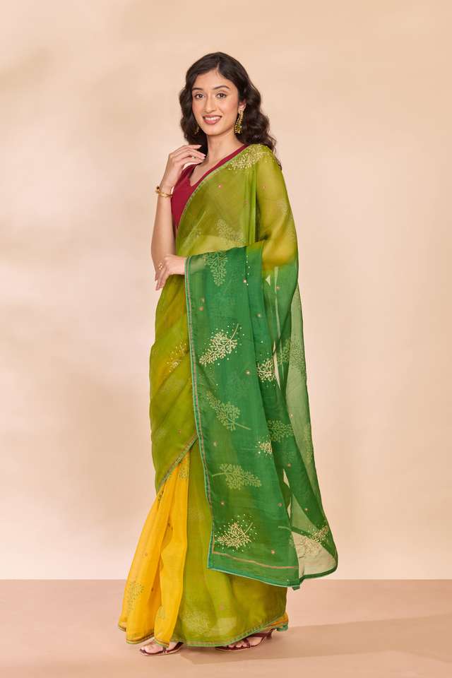 Green Pure Silk Organza Embroidered Saree thumbnail image number null