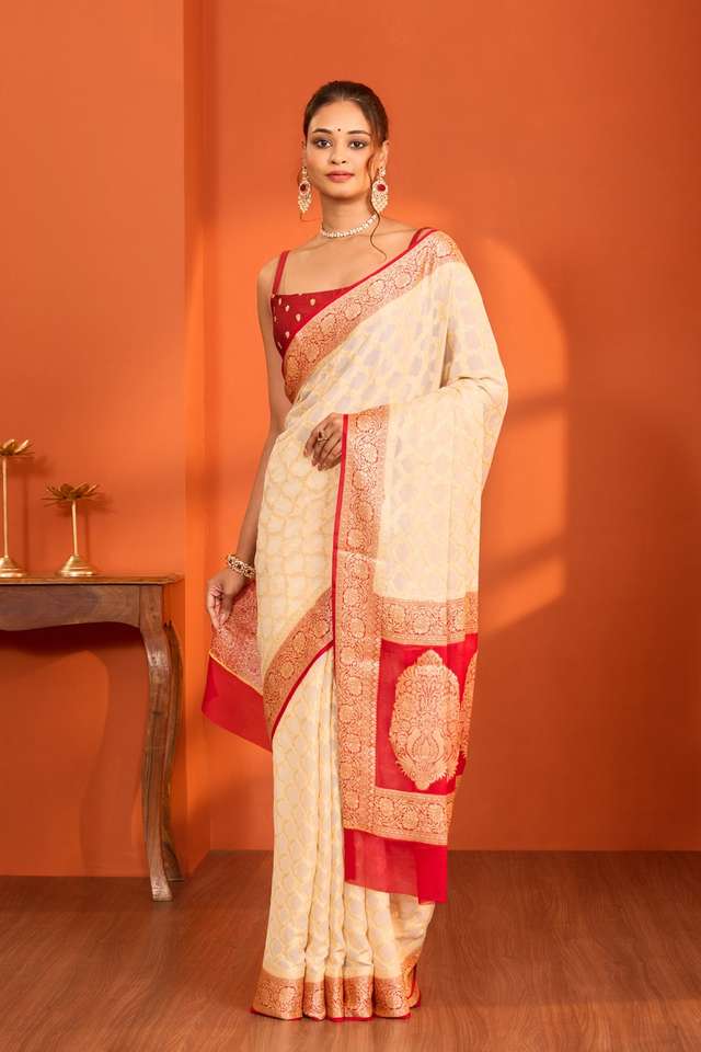 Off White Pure Silk Georgette Cutwork Banarasi Saree thumbnail image number null