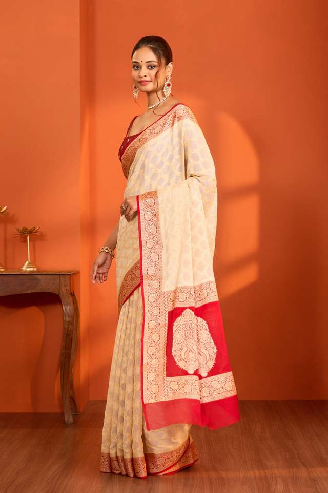 Off White Pure Silk Georgette Cutwork Banarasi Saree thumbnail image number null