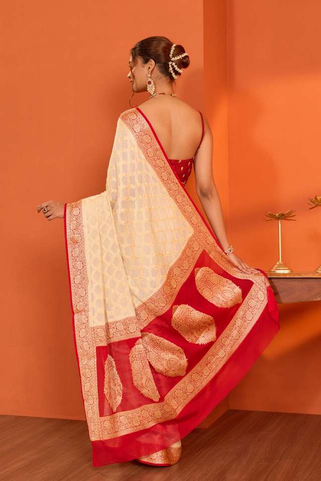Off White Pure Silk Georgette Cutwork Banarasi Saree thumbnail image number null