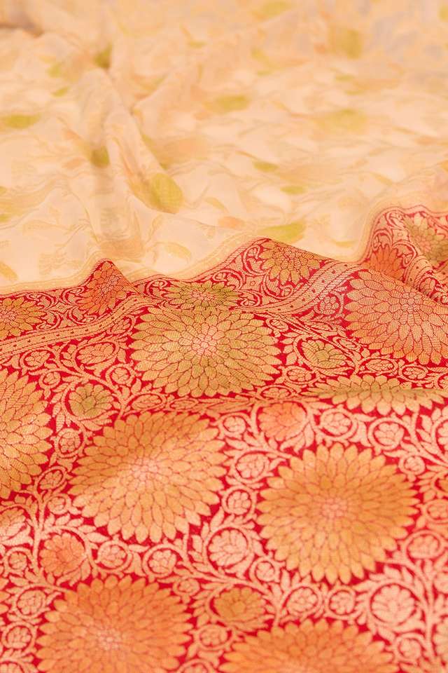 Off White Pure Silk Georgette Cutwork Banarasi Saree thumbnail image number null