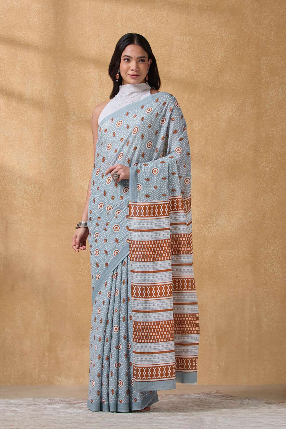 Light Blue Rajasthan Screen Printed  Pure Cotton Saree image number null