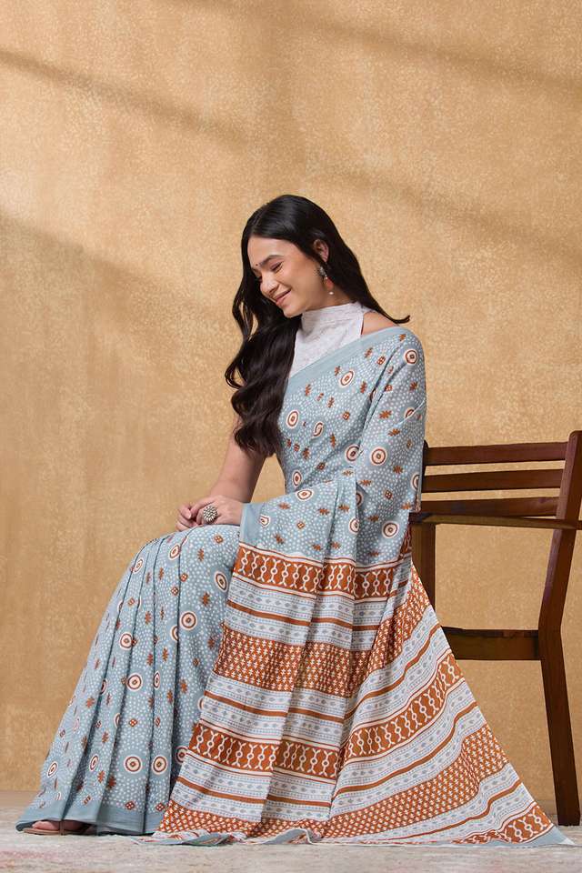 Light Blue Rajasthan Screen Printed  Pure Cotton Saree thumbnail image number null