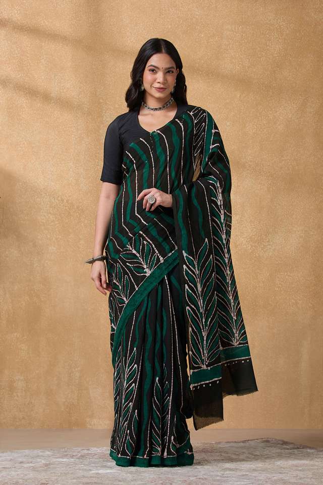 Dark Green Ujjain Pure Cotton Batik Saree thumbnail image number null
