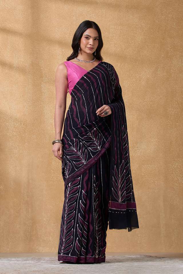 Dark Blue Ujjain Pure Cotton Batik Saree thumbnail image number null