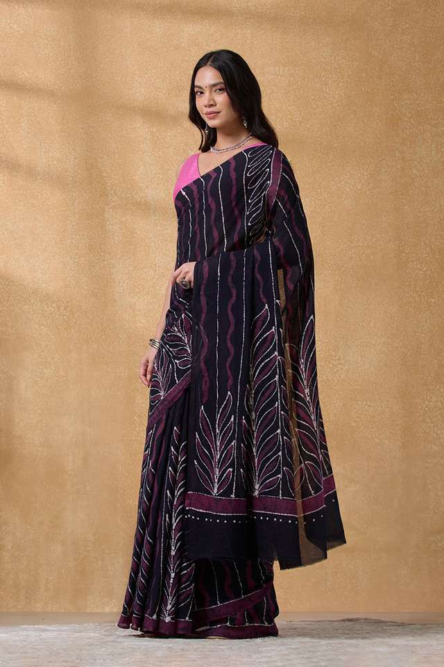 Dark Blue Ujjain Pure Cotton Batik Saree thumbnail image number null