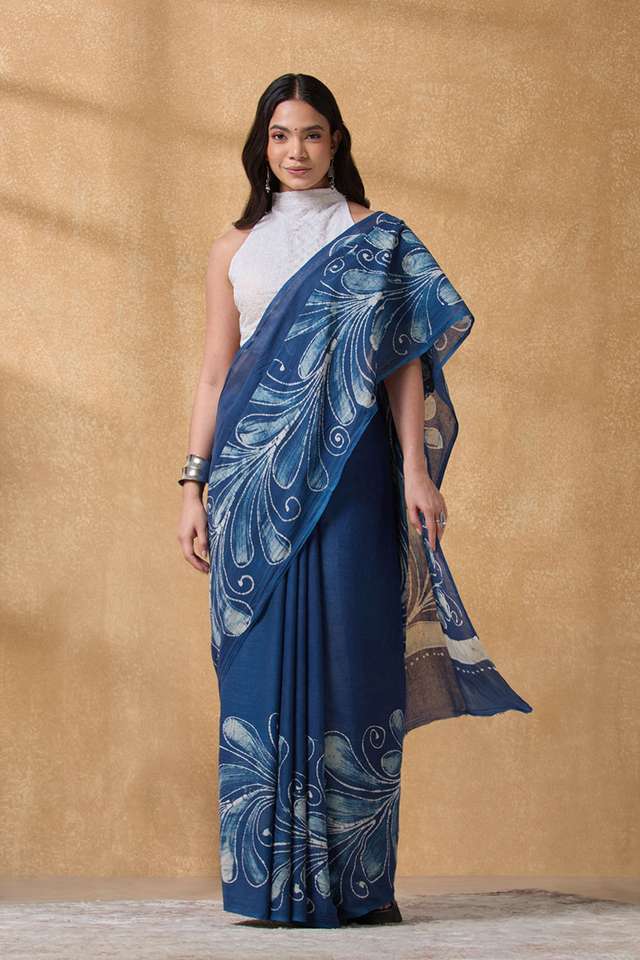 Dark Blue Ujjain Pure Cotton Batik Saree thumbnail image number null