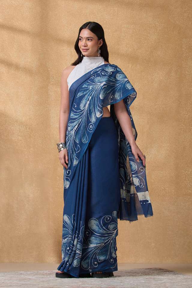 Dark Blue Ujjain Pure Cotton Batik Saree thumbnail image number null