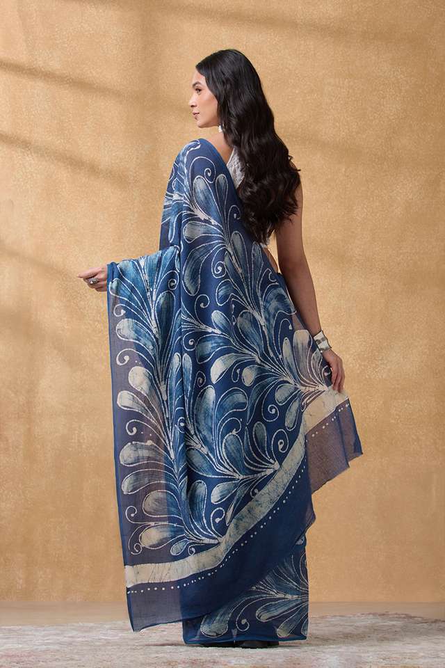 Dark Blue Ujjain Pure Cotton Batik Saree thumbnail image number null