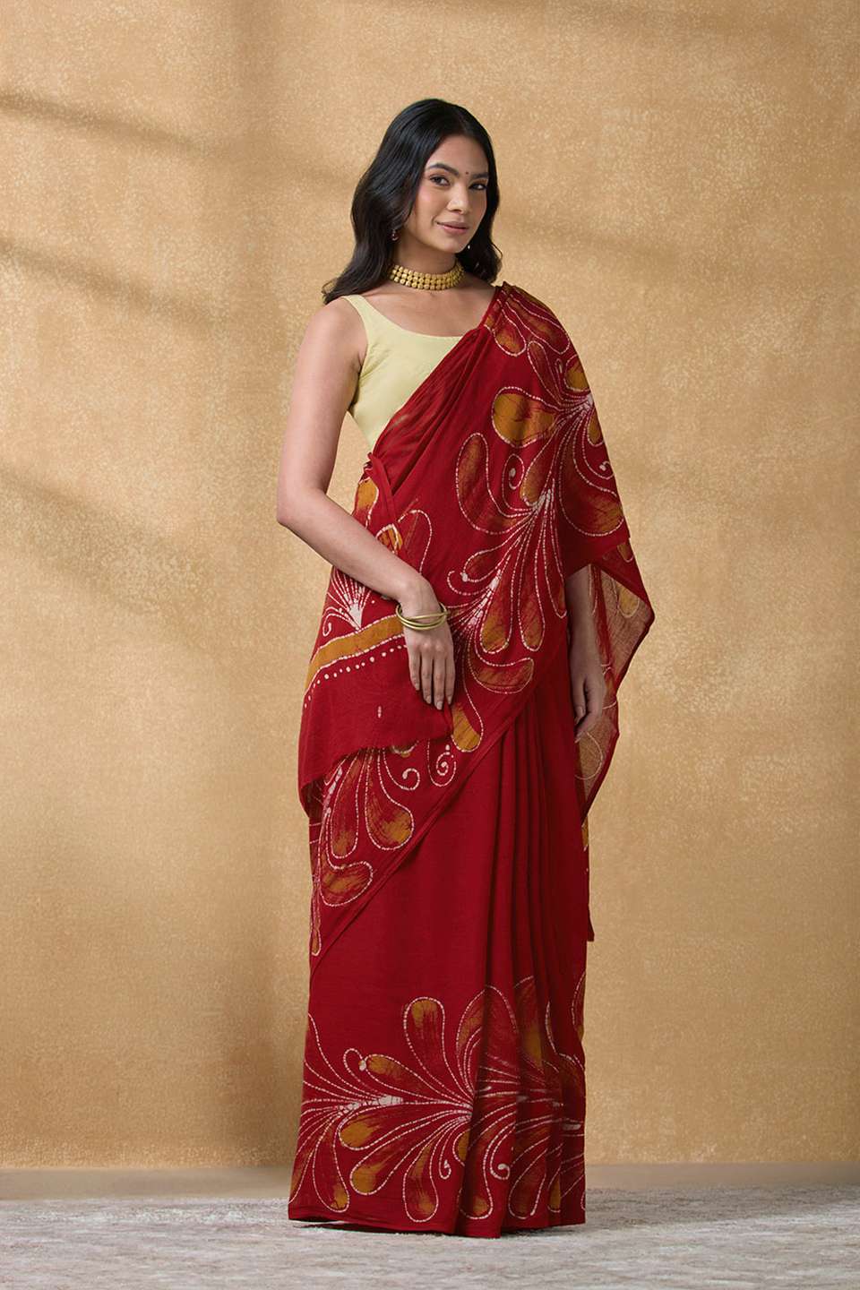 Dark Red Ujjain Pure Cotton Batik Saree