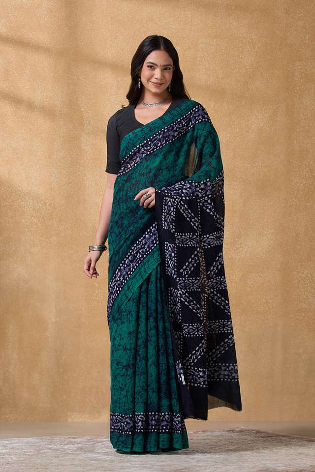 Dark Blue Ujjain Pure Cotton Batik Saree thumbnail image number null