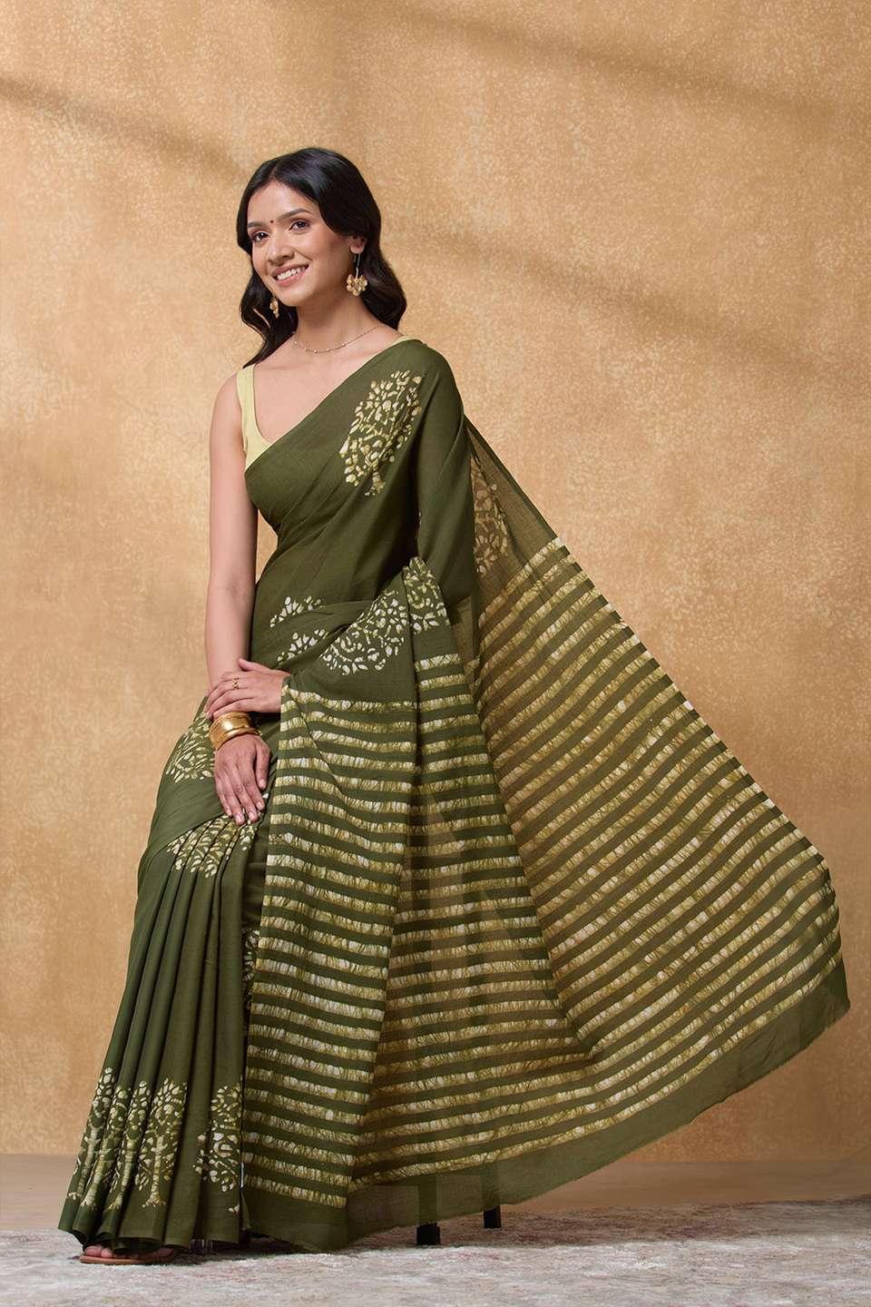 Dark Green Ujjain Pure Cotton Batik Saree