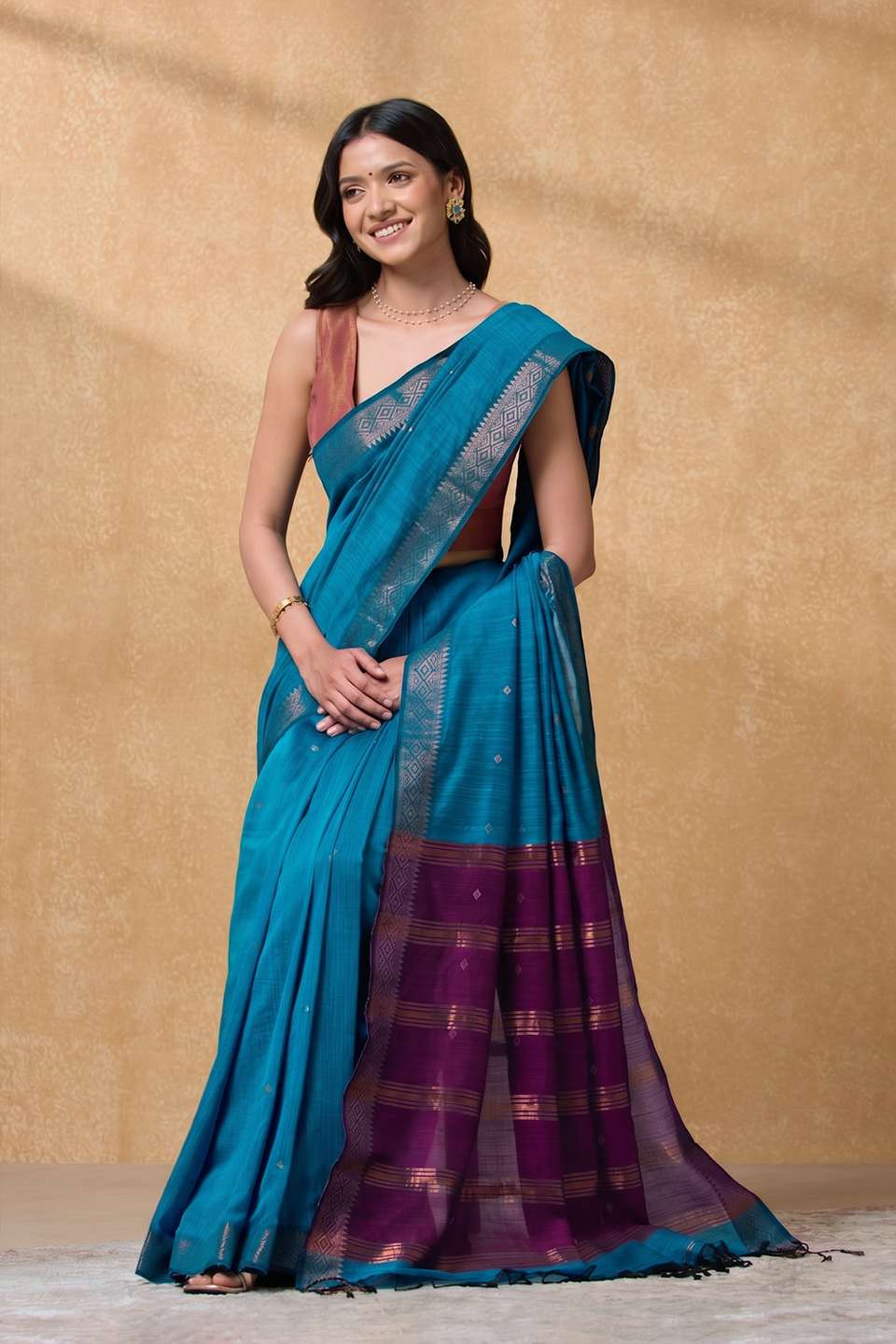 Dark Blue Bengal Woven Pure Cotton Saree
