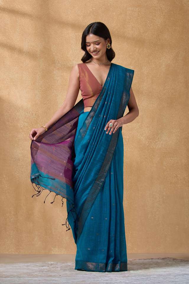 Dark Blue Bengal Woven Pure Cotton Saree thumbnail image number null