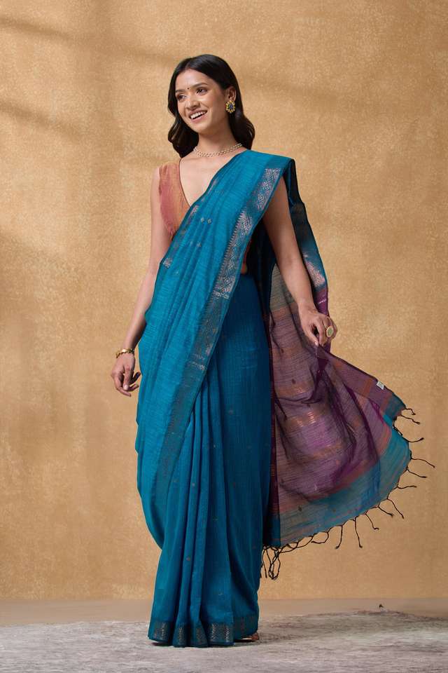 Dark Blue Bengal Woven Pure Cotton Saree thumbnail image number null