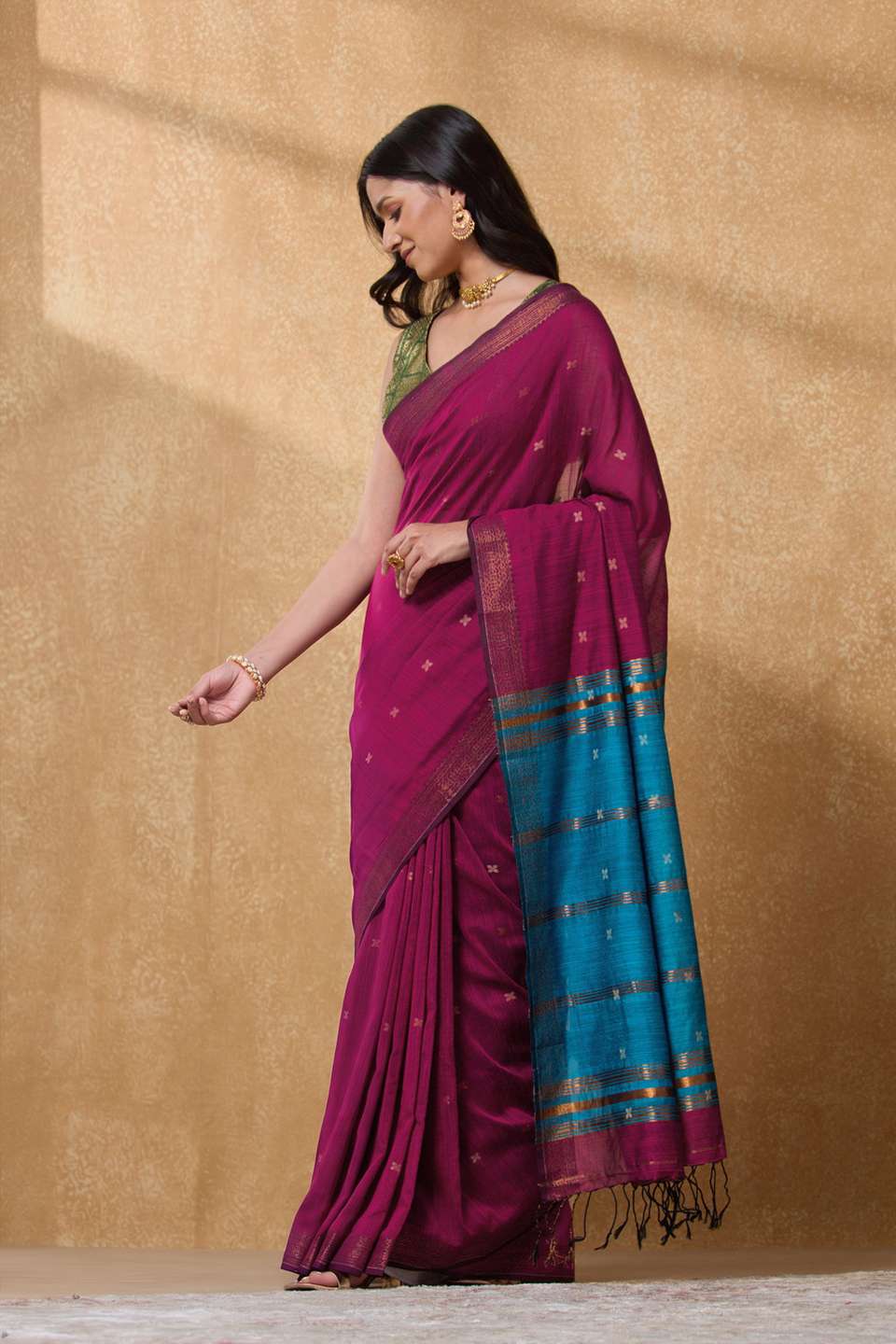 Dark Pink Woven Bengal Cotton Viscose Saree