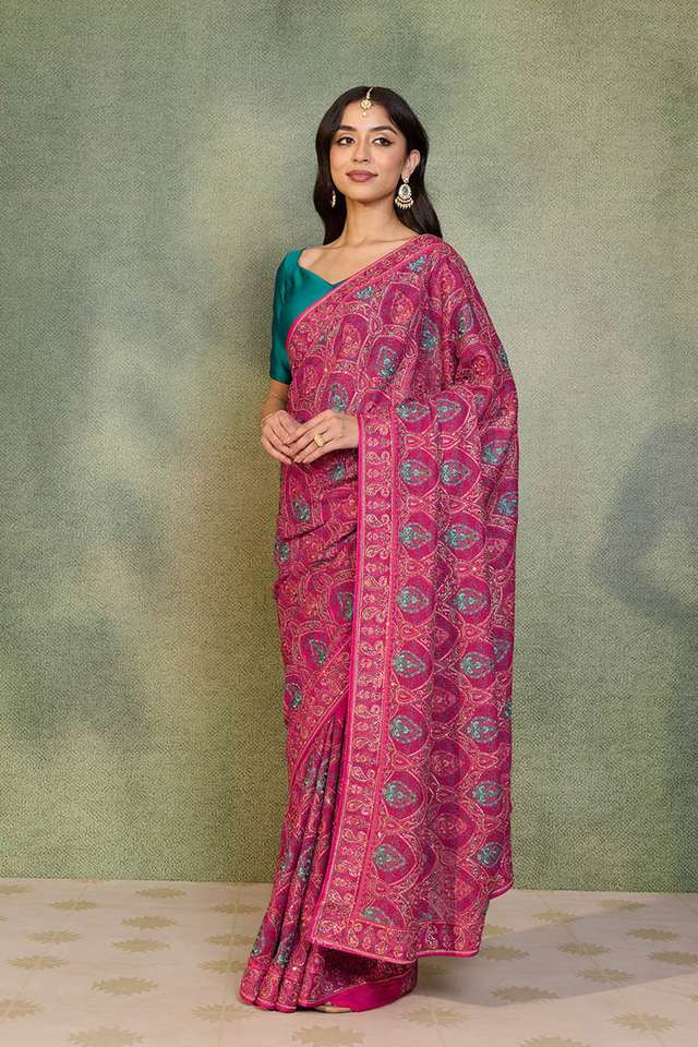 Pink Pure Viscose Embroidered Saree thumbnail image number null