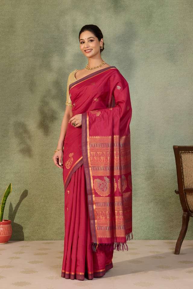 Dark Pink Woven Cotton Viscose Saree thumbnail image number null