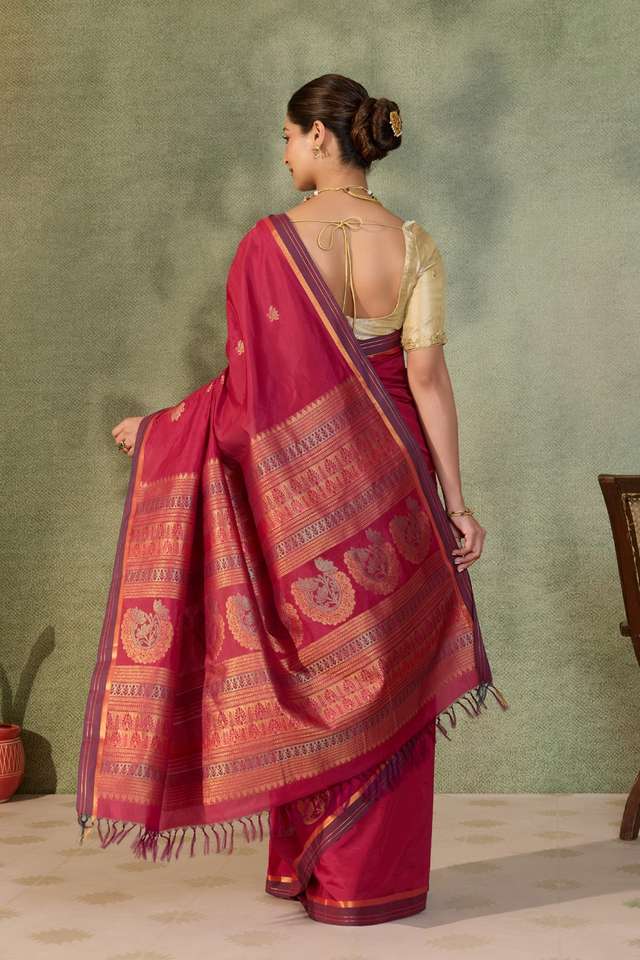 Dark Pink Woven Cotton Viscose Saree thumbnail image number null