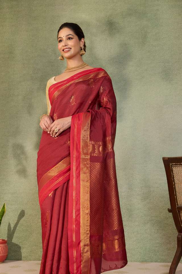 Dark Red Woven Cotton Viscose Saree thumbnail image number null