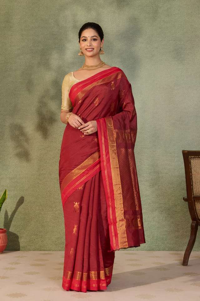 Dark Red Woven Cotton Viscose Saree thumbnail image number null