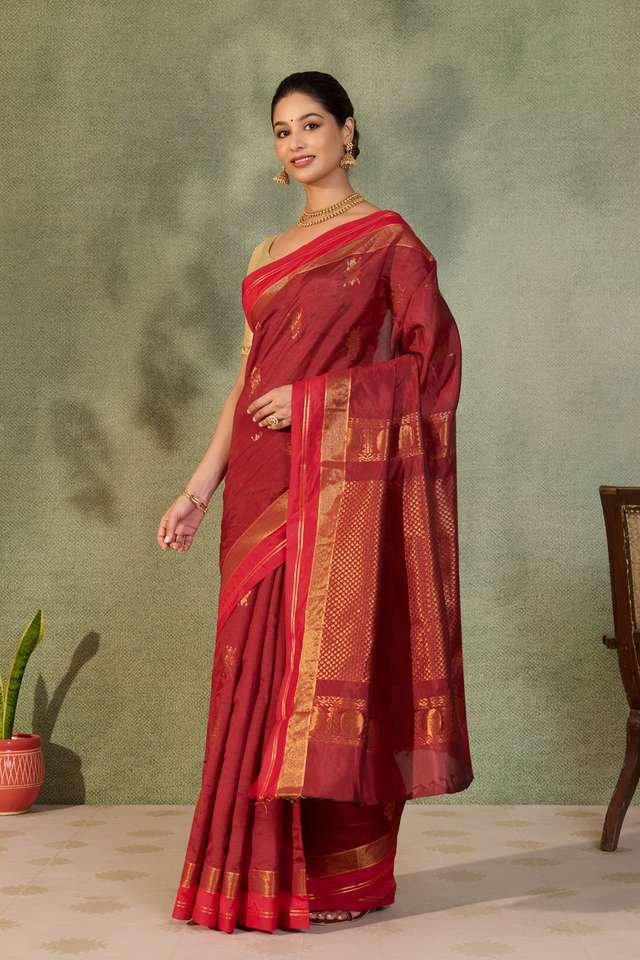 Dark Red Woven Cotton Viscose Saree thumbnail image number null