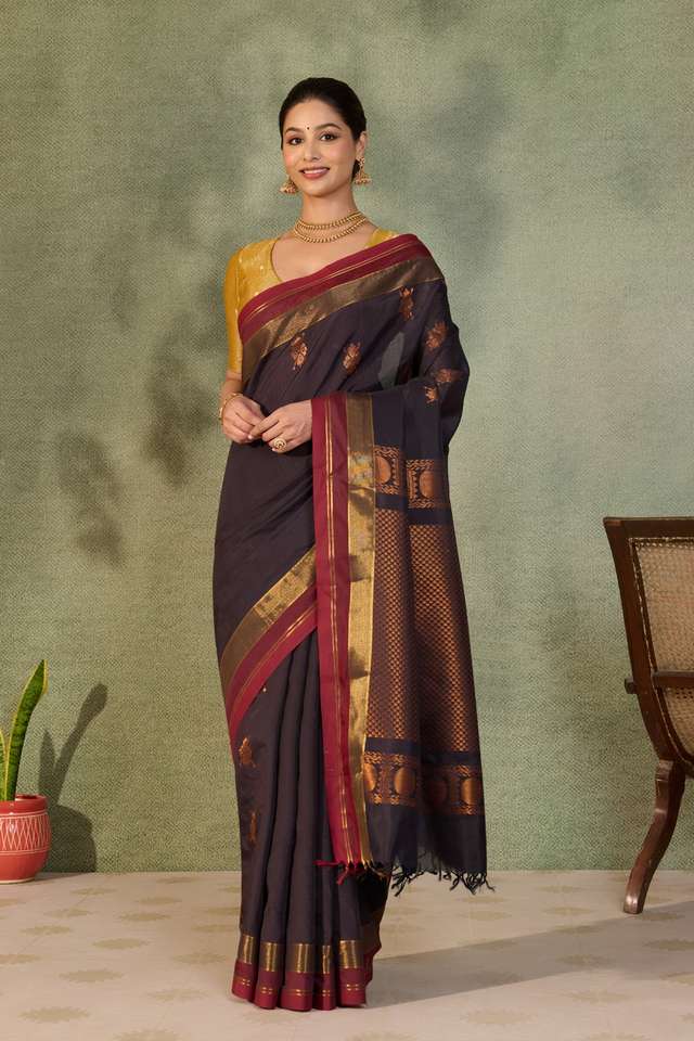 Dark Violet Woven Cotton Viscose Saree thumbnail image number null