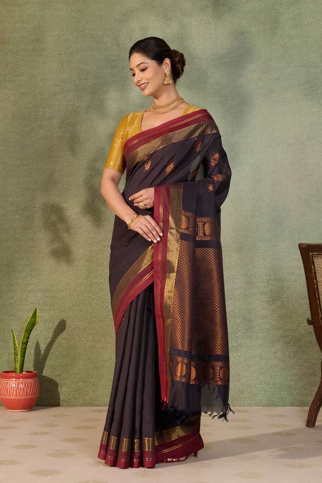 Dark Violet Woven Cotton Viscose Saree thumbnail image number null
