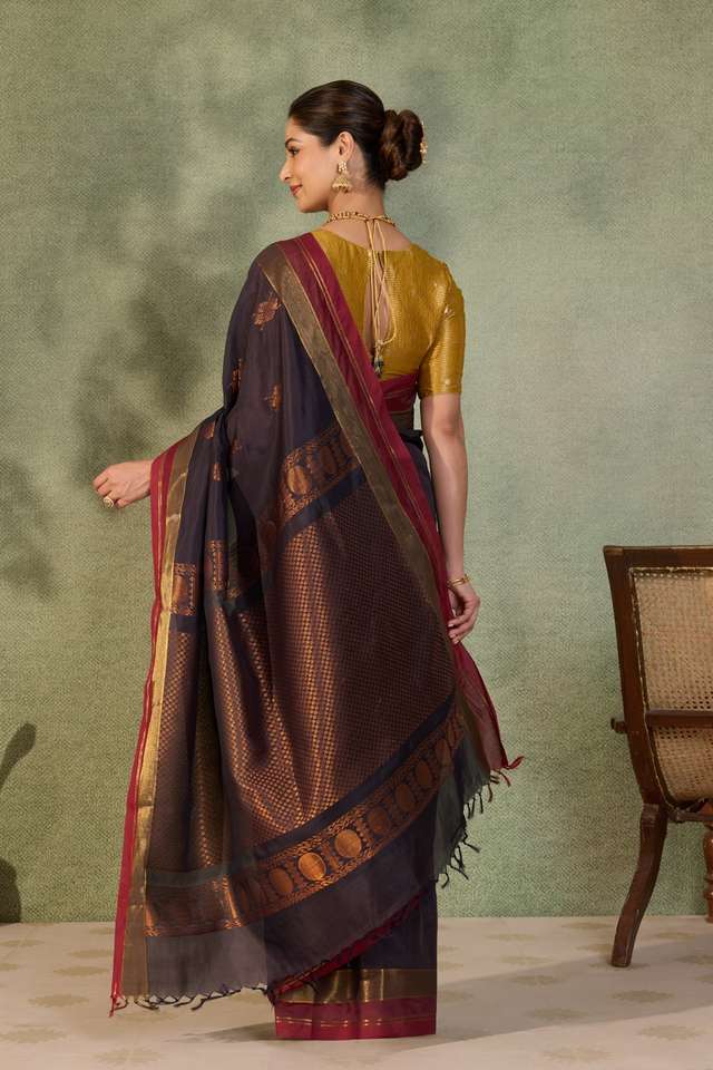 Dark Violet Woven Cotton Viscose Saree thumbnail image number null